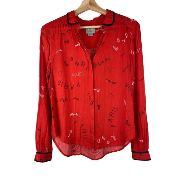 Maeve by Anthropology Women's 4 Red Paris London Button Up Blouse - Picture 1 of 11